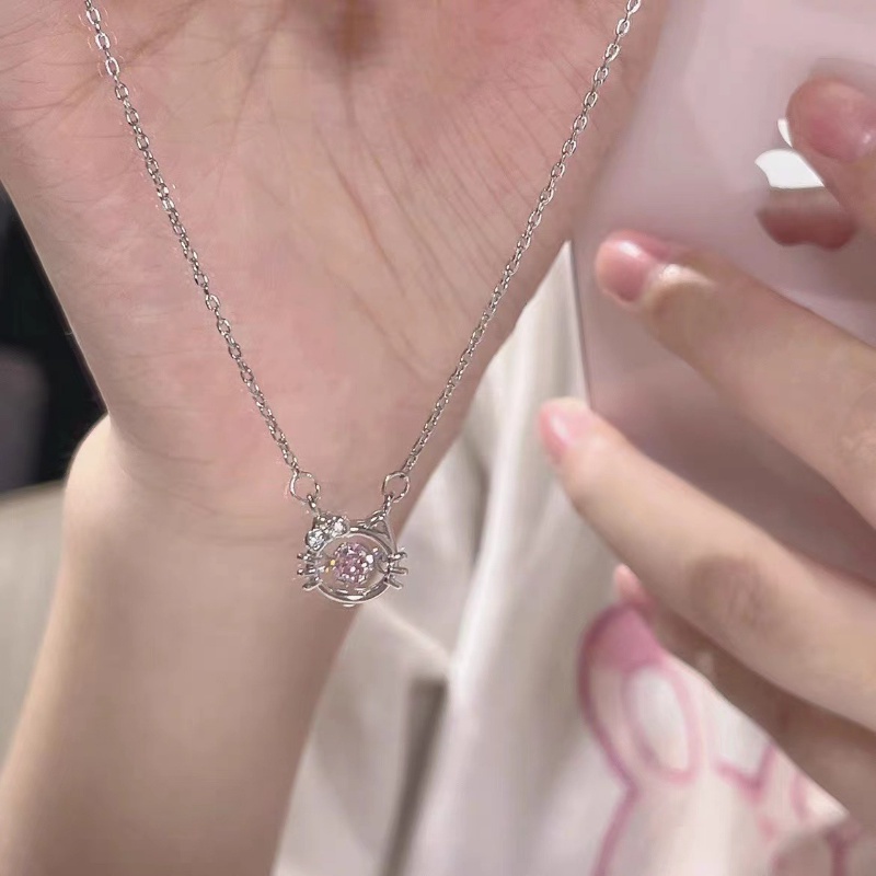 Roselife Kalung Rantai Silver Liontin Hati / Kucing Hias Kristal Pink Gaya Korea Untuk Wanita