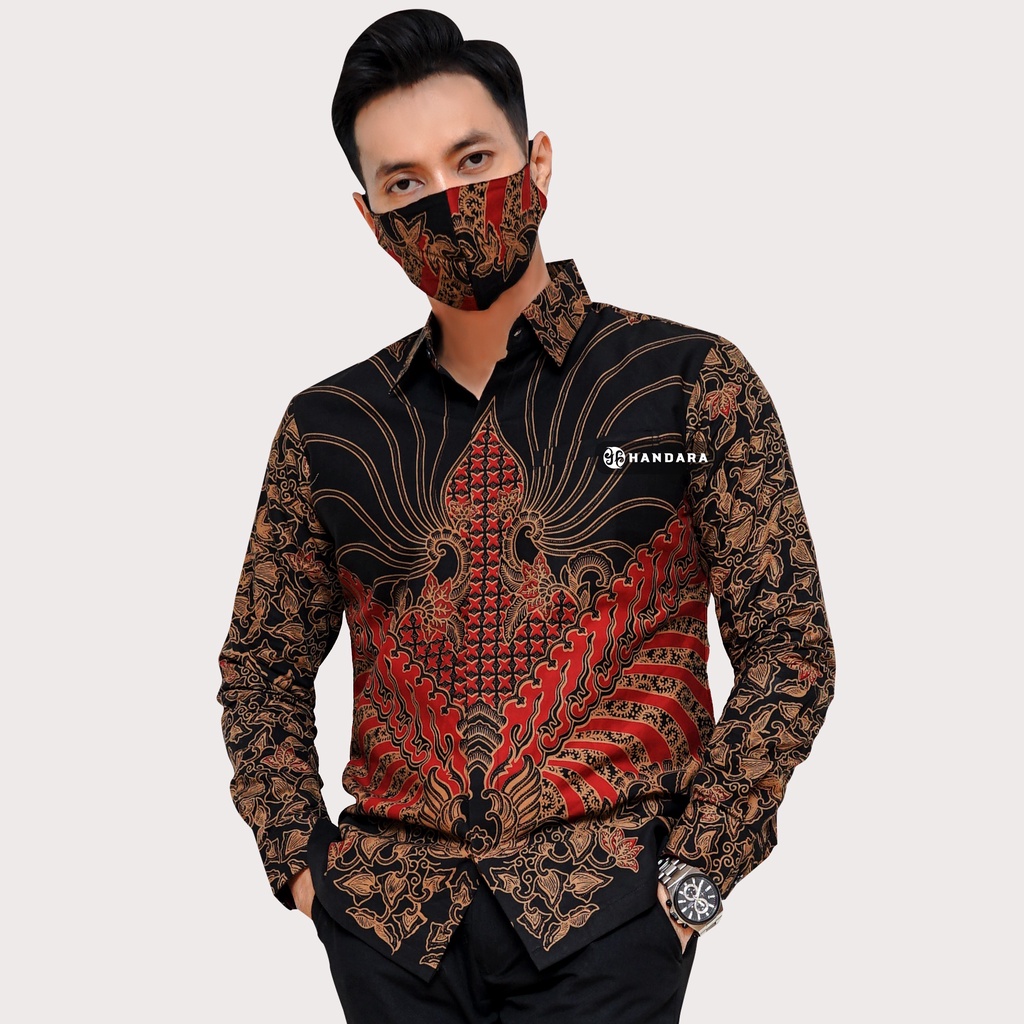 Baju Kemeja Batik Pria Lengan Panjang Slim Fit Premium Modern Full Furing Katun Halus Original Handara Motif Benang Sari Merah Maroon HB-140