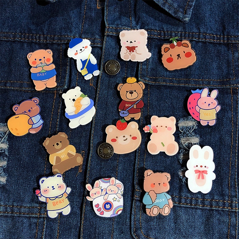 Bros Pin Desain Kartun Hewan Anjing Beruang Kelinci Bahan Akrilik Gaya Korea Untuk Anak Perempuan