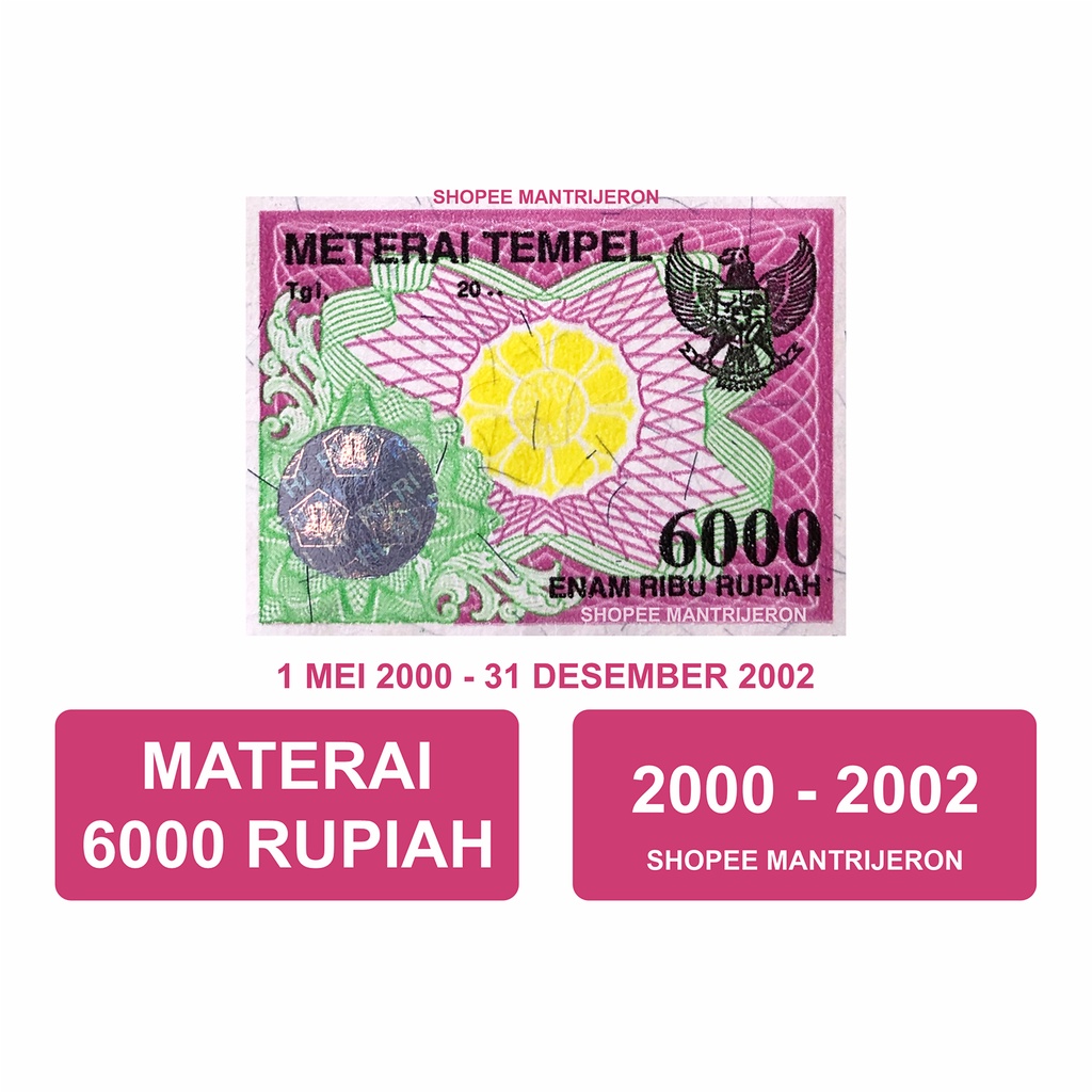 

Materai 6000 Tahun 2000-2002 Meterai Tempel 6 Ribu 6.000 Enam Ribu Rupiah Lama Kuno Jadul Asli Original Kantor Pos