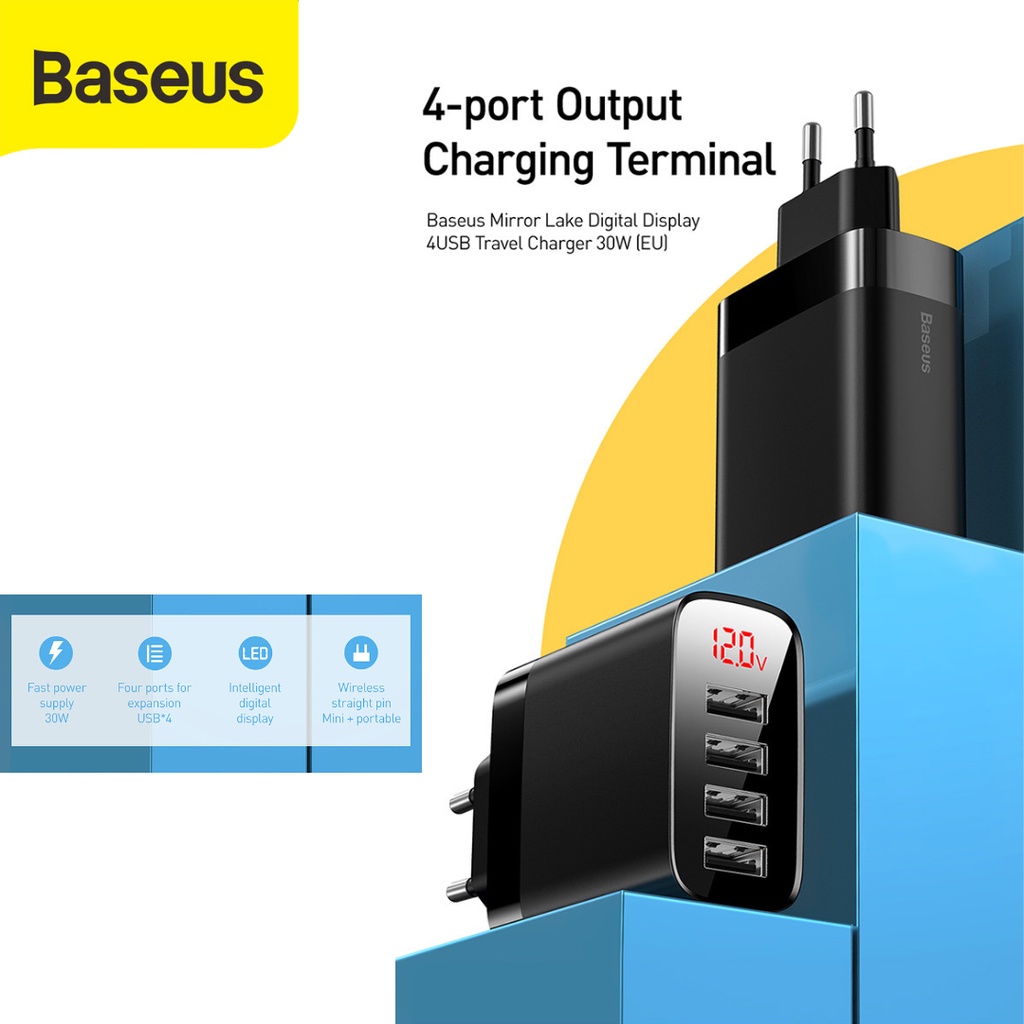 BASEUS TRAVEL CHARGER ADAPTOR MIRROR LAKE 4 PORT WITH LED DISPLAY 30W