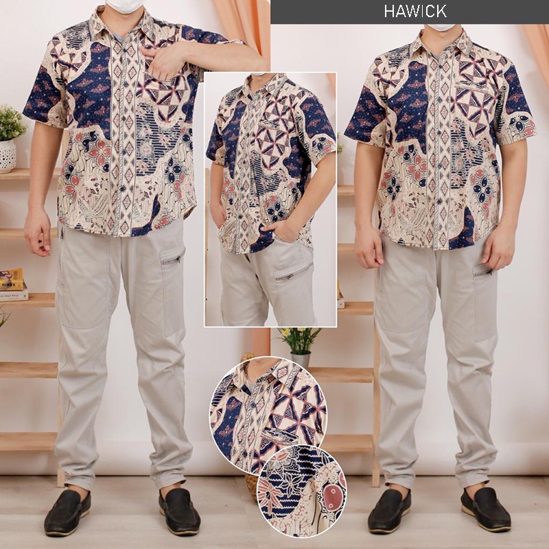 Evercloth Hawick Kemeja Batik Pria Lengan Pendek Hem Batik Cowok Baju Batik Laki-Laki Slim Fit Batik Couple Modern Seragam Keluarga Couple Kantor Sarimbit Katun Stretch