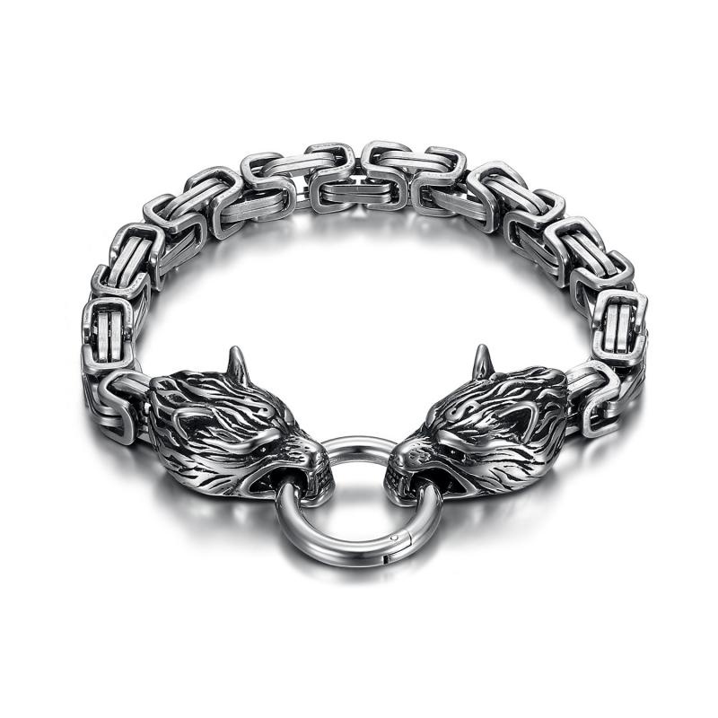 Gelang Rantai Desain Kepala Serigala Bahan Stainless Steel Gaya Retro Punk Rock Untuk Pria