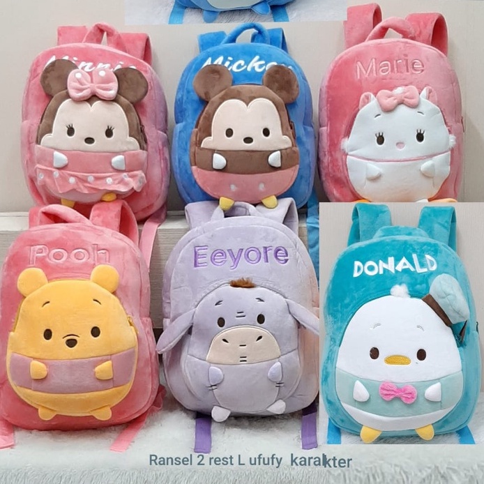 Toysopedia Tas Ransel 2Resleting Ufufy Pooh Mickey Minnie Pooh Gajah Dumbo /Backpack Anak TK SD/Tas Sekolah Karakter