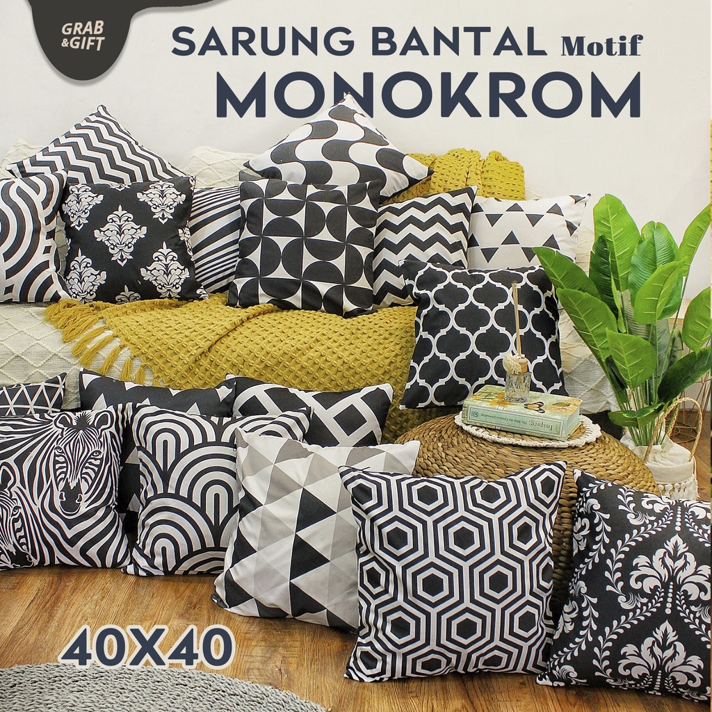 SARUNG Bantal Sofa 40x40 cm Monokrom Hitam Putih Monochrome Kotak Kotak Pillow Cushion Cover