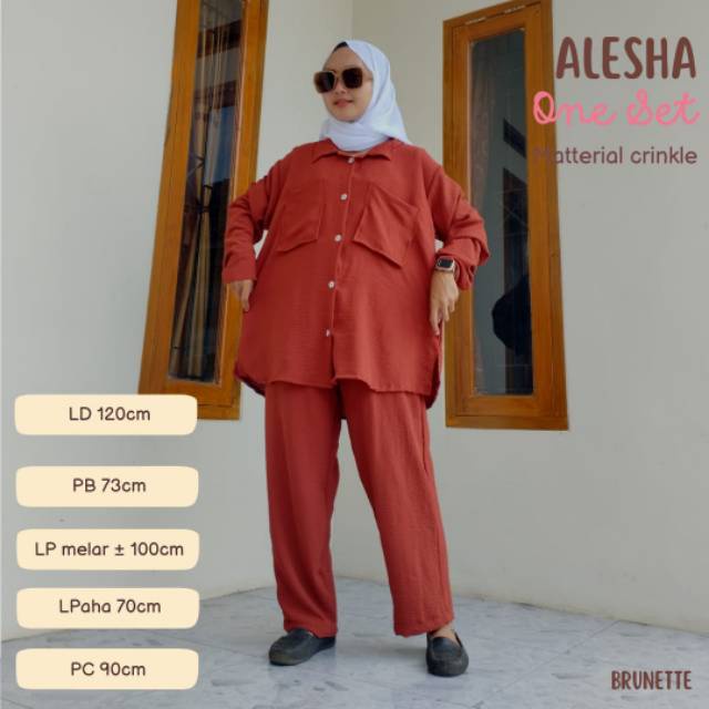 Alesha Oneset bahan rayon crinkle Airflow Ld120cm setelan dewasa tangan panjang celana panjang polos