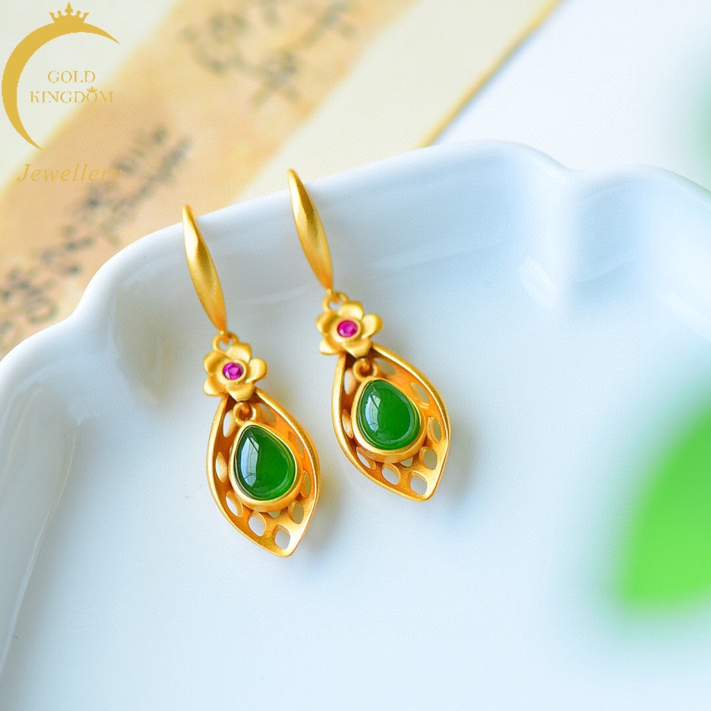 Goldkingdom Perhiasan Fashion Emas Asli Kadar 375 Bangkok Aksesoris Ready Stock Gaya Cina Berlapis Emas Hijau Hetian Giok Jasper Wanita Gaya Ibu Anting Vintage