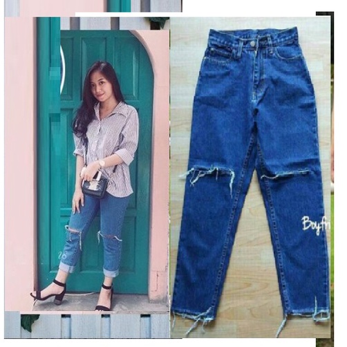 HIGH WAIST CELANA BOYFRIEND JEANS PANJANG WANITA SOBEK GARIS LUTUT TERBARU