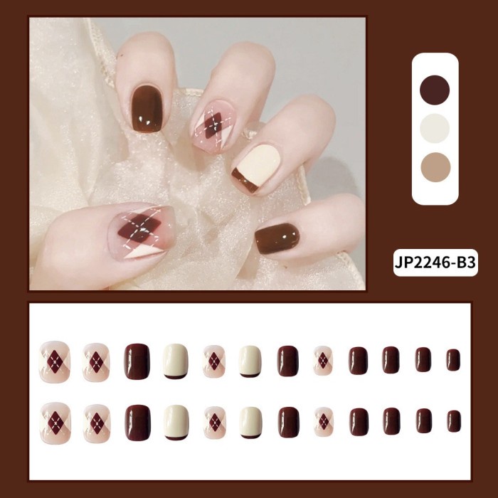 24pcs / set Kuku Palsu Pendek Warna Merah Dan Putih Bentuk Berlian