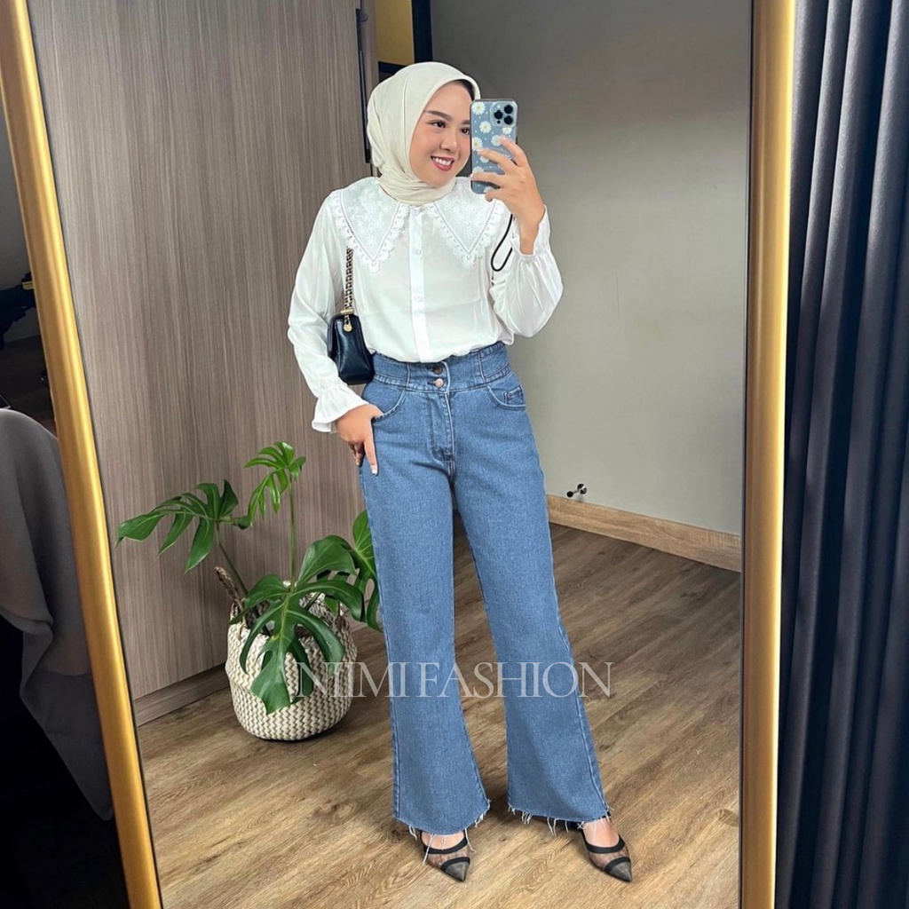 NIMI - Michella Celana Jeans Cutbray Wanita Cutbray Highwaist Jeans Unfinished