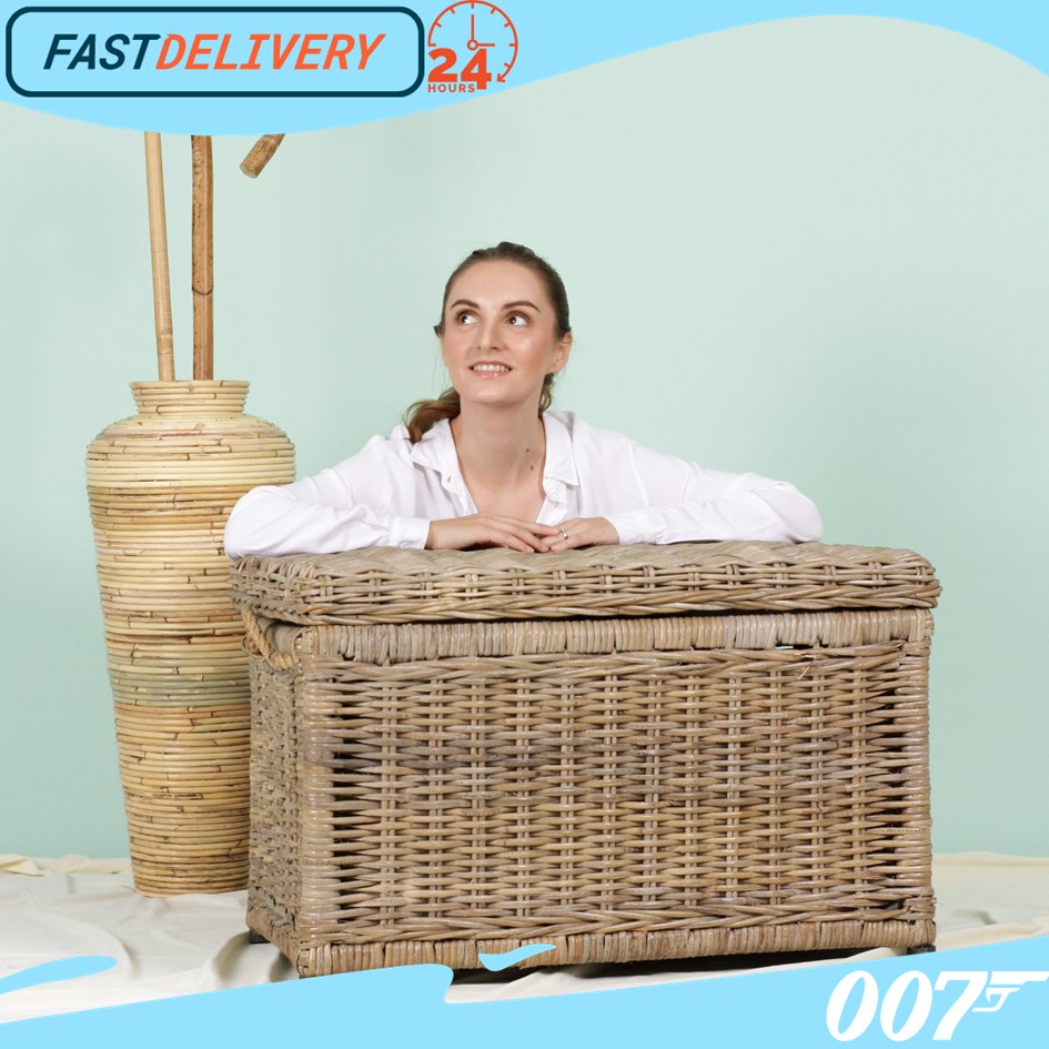 Box Peti Meja Storage Trunk Rotan Alami Grey Dark Brown Tutup