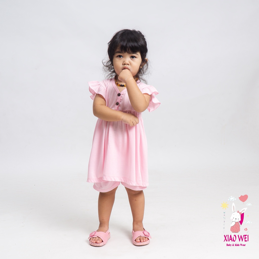 Dress Ruffle Set Kancing Anak Perempuan/ Setelan Anak - Anak / Setelan Bayi Permepuan 0 - 4 Tahun