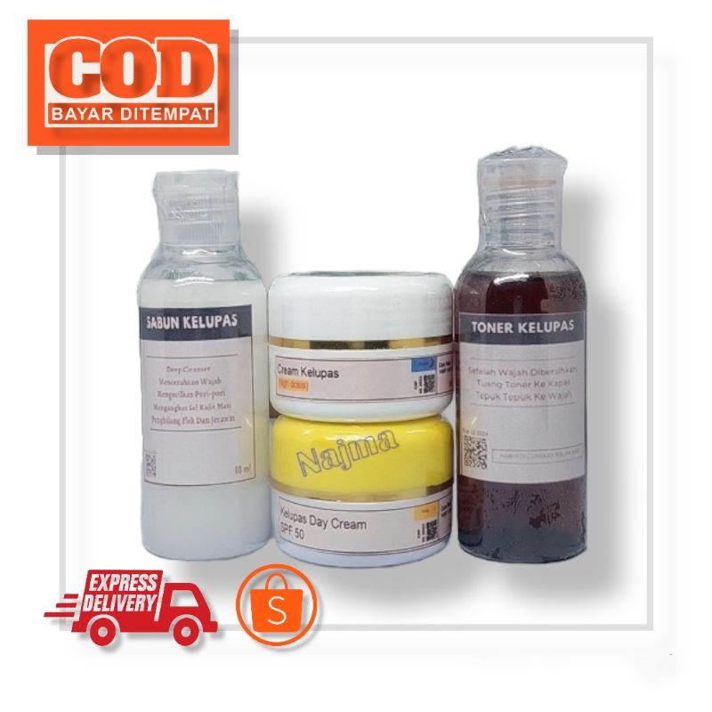 PAKET CREAM LENGKAP CREAM KELUPAS SIANG SPF 50 ARBUTIN /CREAM MALAM / TONER KELUPAS + SABUN