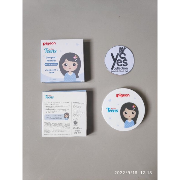 Bedak Padat Anak Pigeon Teens Compact Powder BIRU UV Protection Tempat Kaca + Refil + Puff Makeup Remaja Natural Beige Sand Pure White Pink
