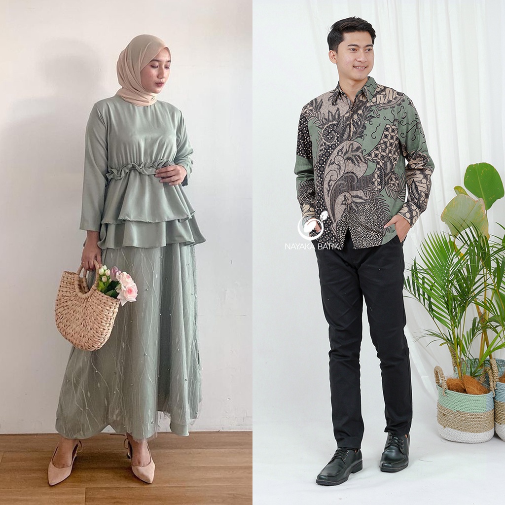 Nayaka Batik - Gamis Couple Ghania Dress Kondangan Baju Couple Pasangan Brukat Kondangan / Dress Brukat Pesta Modern / Dress Bridesmaid Kekinian / Batik Couple Maxi Tulle Tille Mutiara
