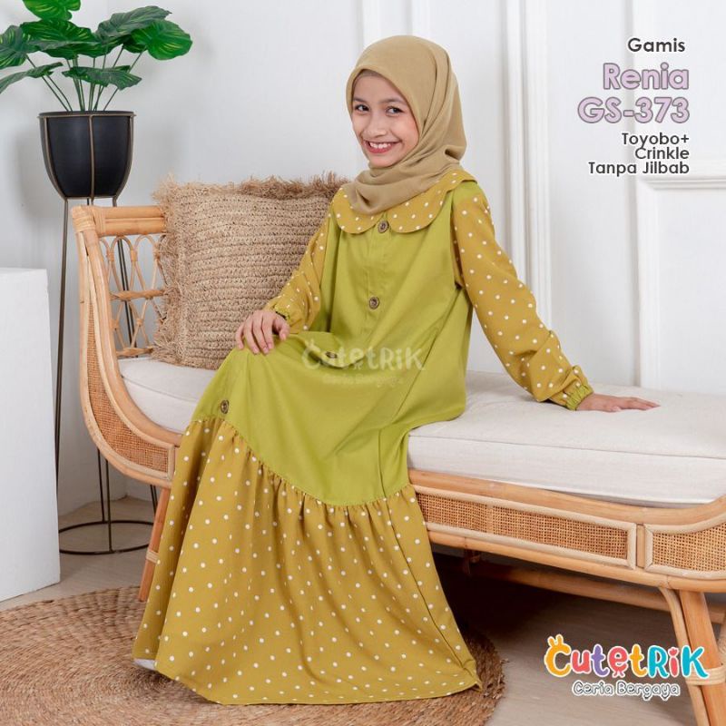 GAMIS POLKA HIJAU MUSTARD MERK CUTETRIK KODE GS 373 USIA 8 SAMPAI 14 TAHUN BAHAN TOYOBO KOMBINASI CR