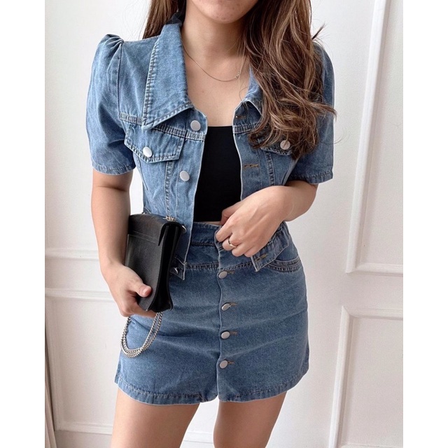 SETELAN WANITA JEANS KOREA STYLE CROP TOP SKORT ROK CELANA PREMIUM IMPORT BANGKOK KOREAN STYLE LIVIA