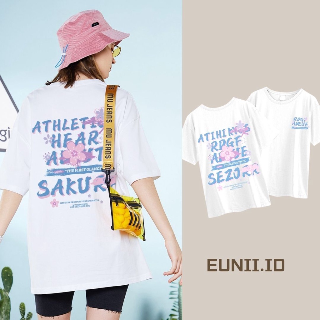 EUNII T-shirt  Lengan Pendek Bunga Sakura Bahasa Inggris Pencetakan Longgar Korean Style/Kaos Atasan Wanita/Baju Kaus Oversize Wanita