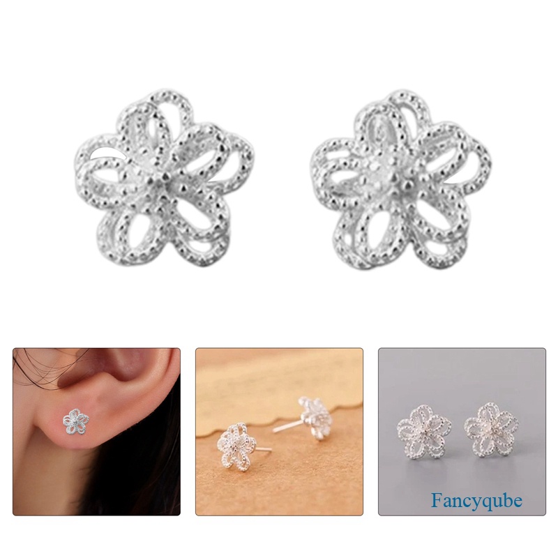 Anting Stud Tindik Desain Bunga Lapis Ganda Bahan Logam Warna Silver Untuk Wanita