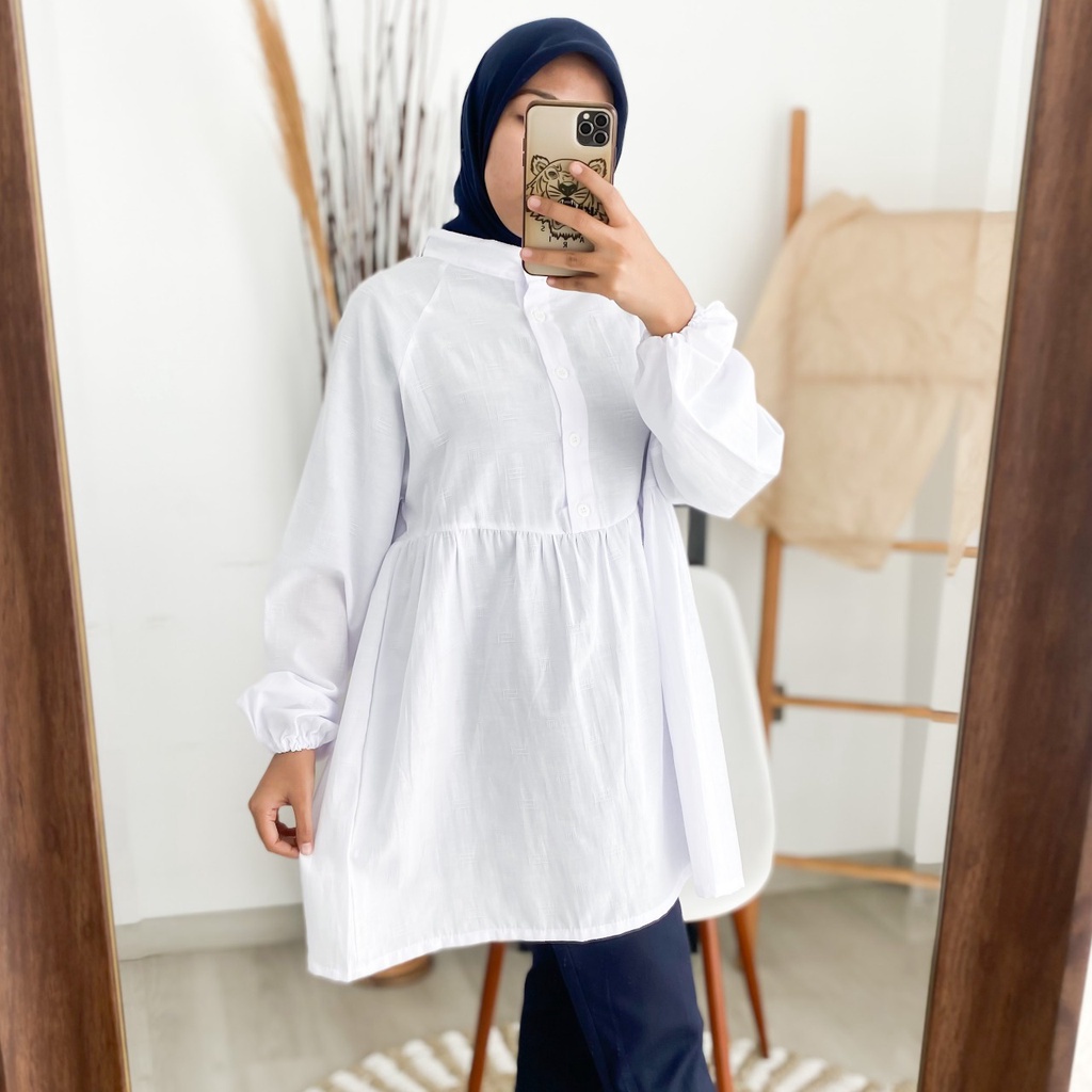Baju Atasan Rike Tunik Polos Kancing Katun Rayon Crinkle Premium Fashion Wanita Remaja Muslim Lengan