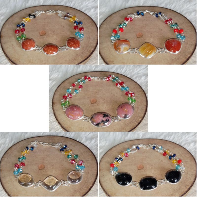 Gelang Perak Batu Alam mix Kristal (pasir mas,akik,red borneo,kecubung air,kecubung kopi)