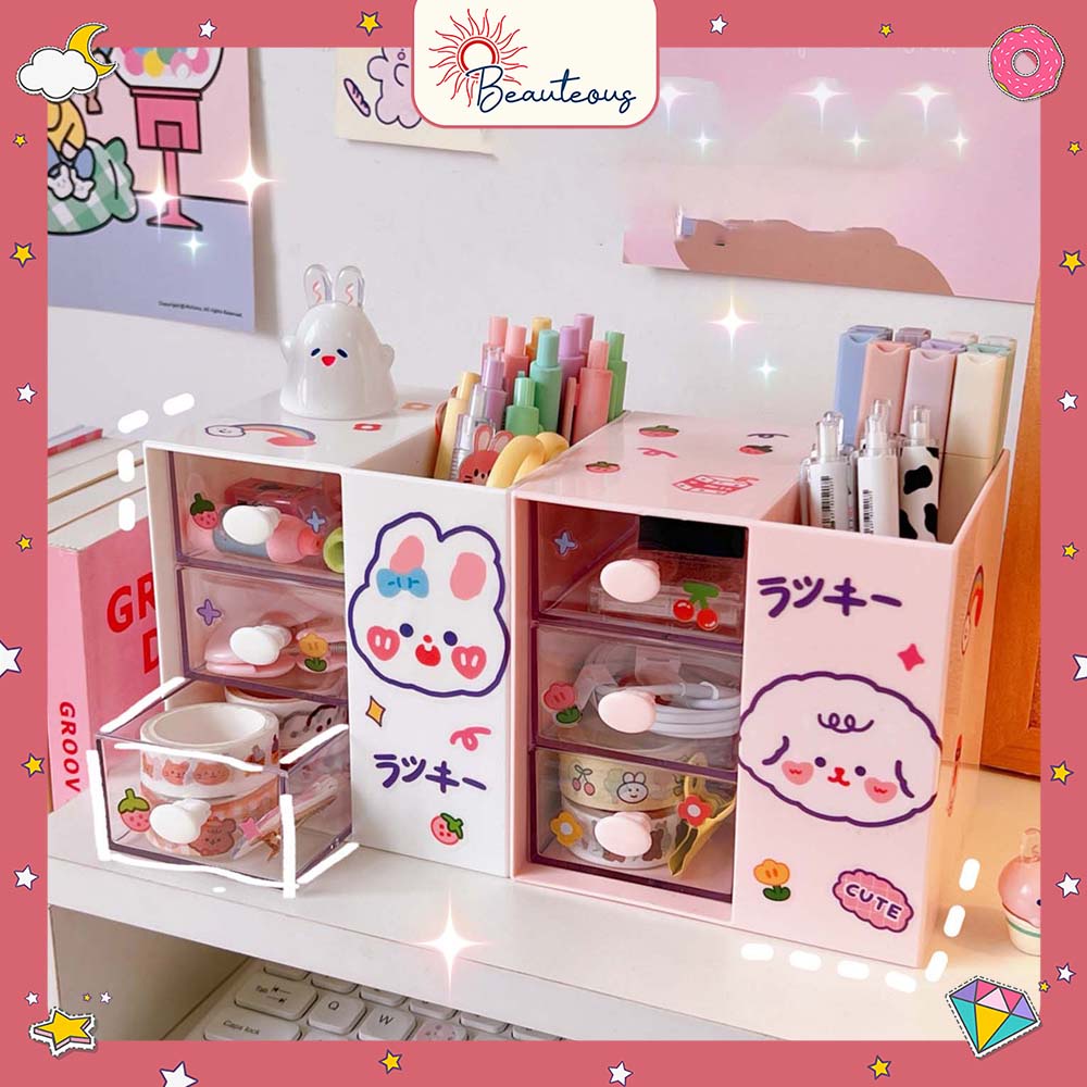 Kotak Laci Mini Tempat Make Up Storage Tempat Pensil Stackable Mini Serbaguna Free Sticker