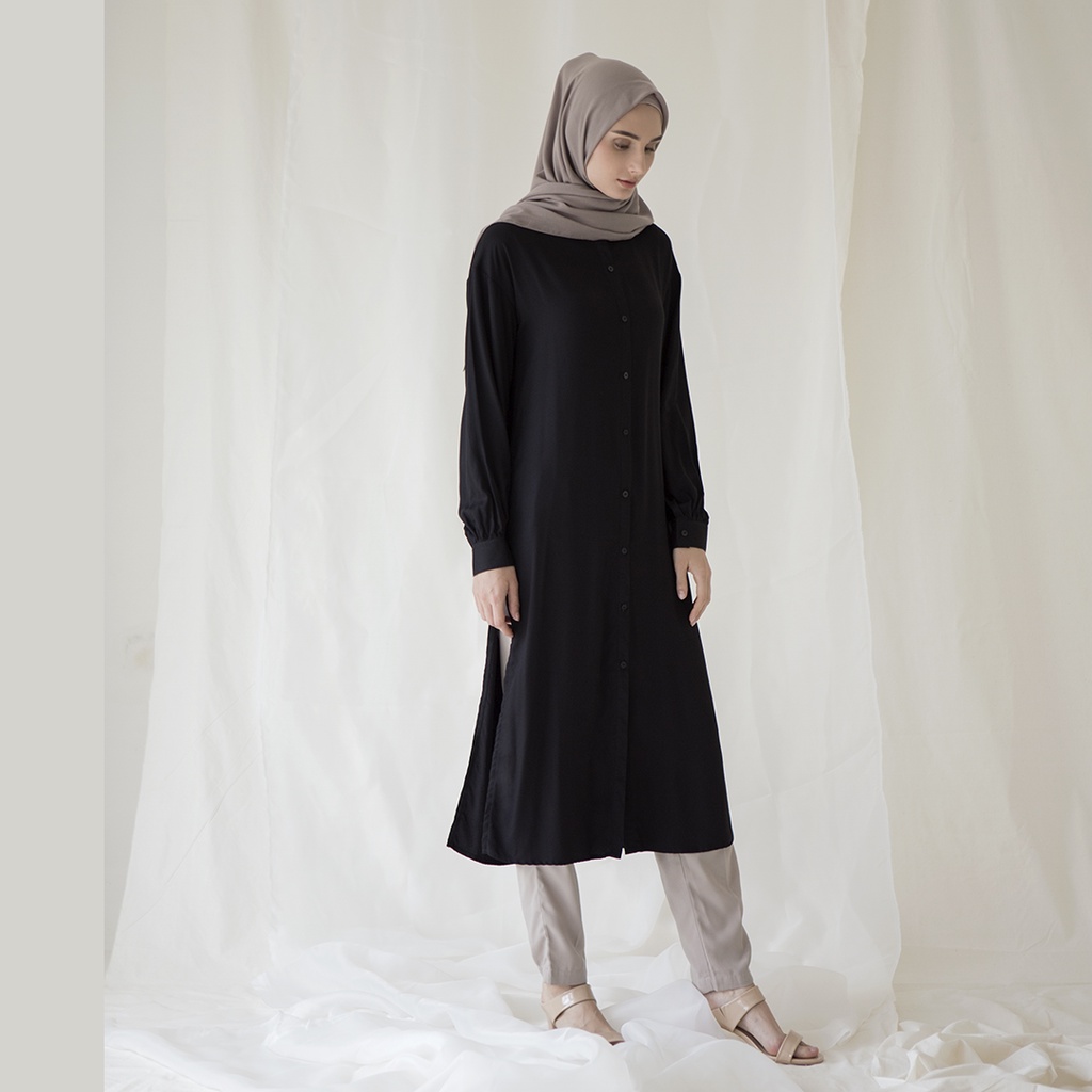 Tari by Aska Label - Tunik Rayon Kancing Lengan Panjang warna hitam, coksu, putih, biru navy, lilac, coklat, biru muda