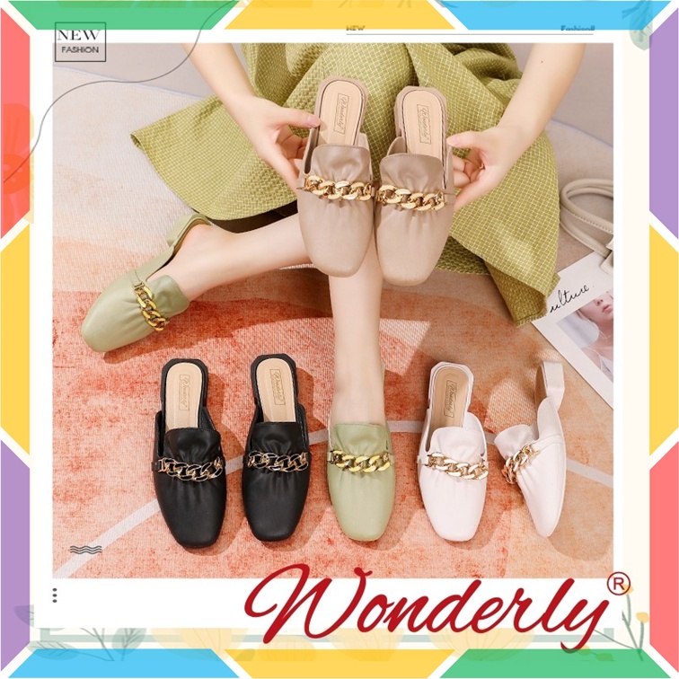 1301-2 Sepatu Sandal Slop Wanita Wonderly Tali Rantai Sepatu Selop Mules Cewek Karet Empuk Glanzton