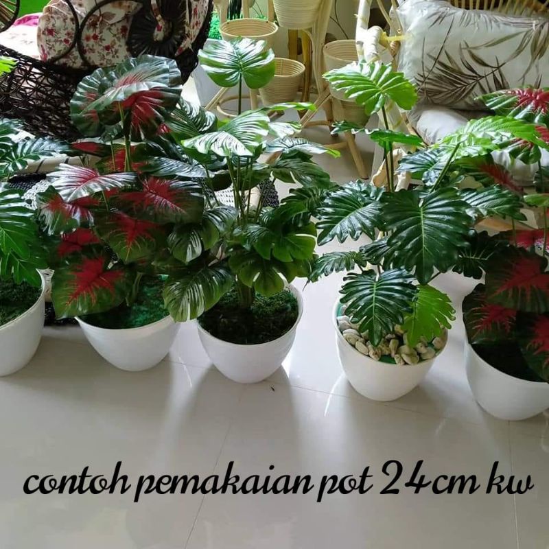 bunga keladi merah + pot / keladi hijau 18daun dengan pot / bunga artificial putih