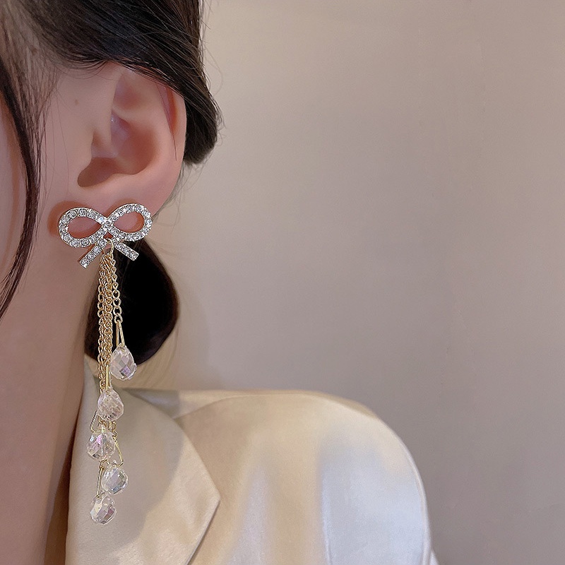 Anting Tusuk Gantung Panjang silver 925 Desain Pita Hias Kristal Berlian Untuk Wanita