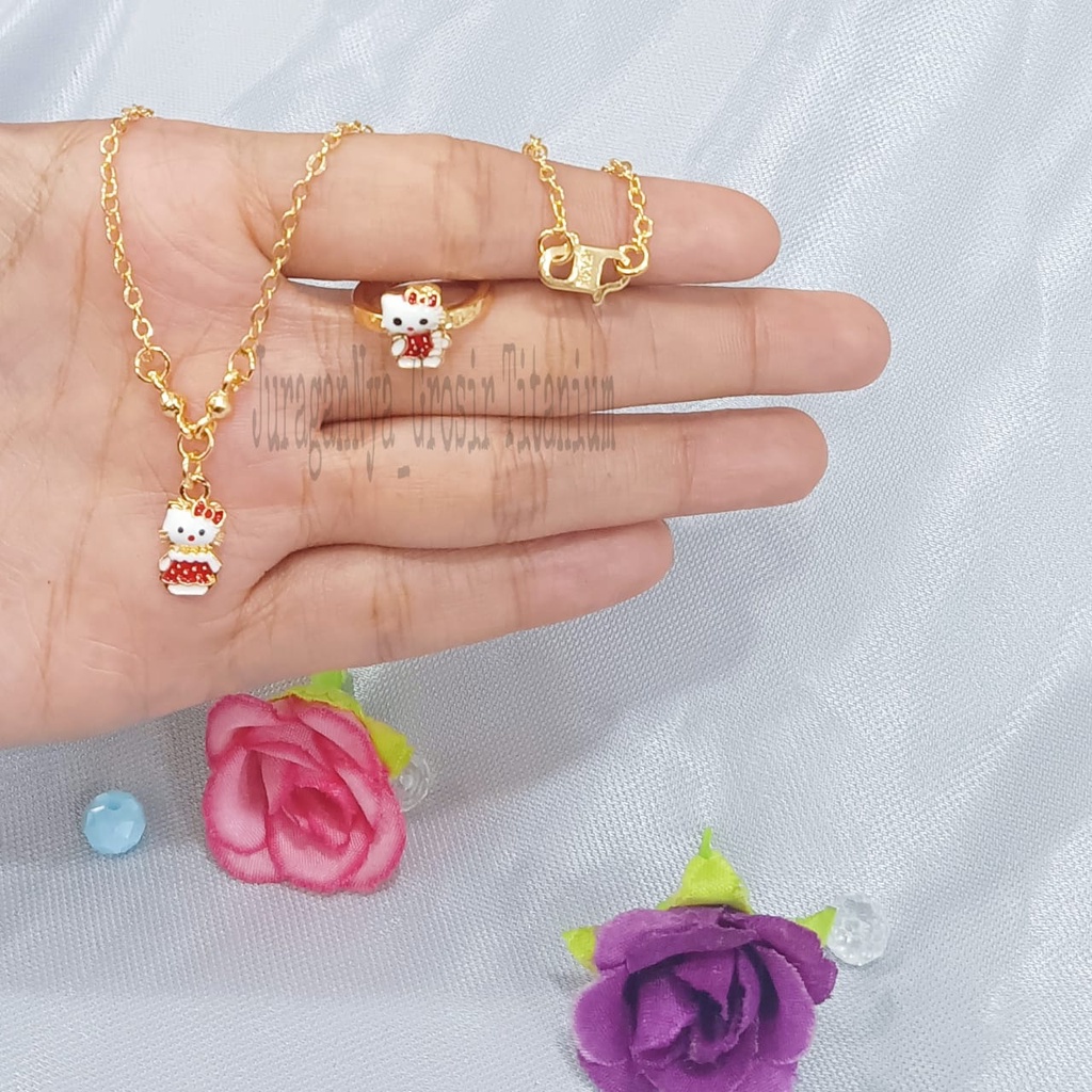 SET ANAK KALUNG+CINCIN MERAH KARAKTER TITANIUM SUPER MEWAH ANTI KARAT&amp;ANTI LUNTUR