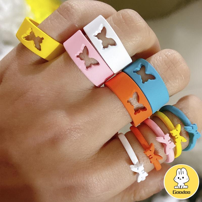 2 Potong Cincin Pasangan Set Desain Kupu-kupu Aksesoris Gaya Punk Yang Dapat Disesuaikan -Doo