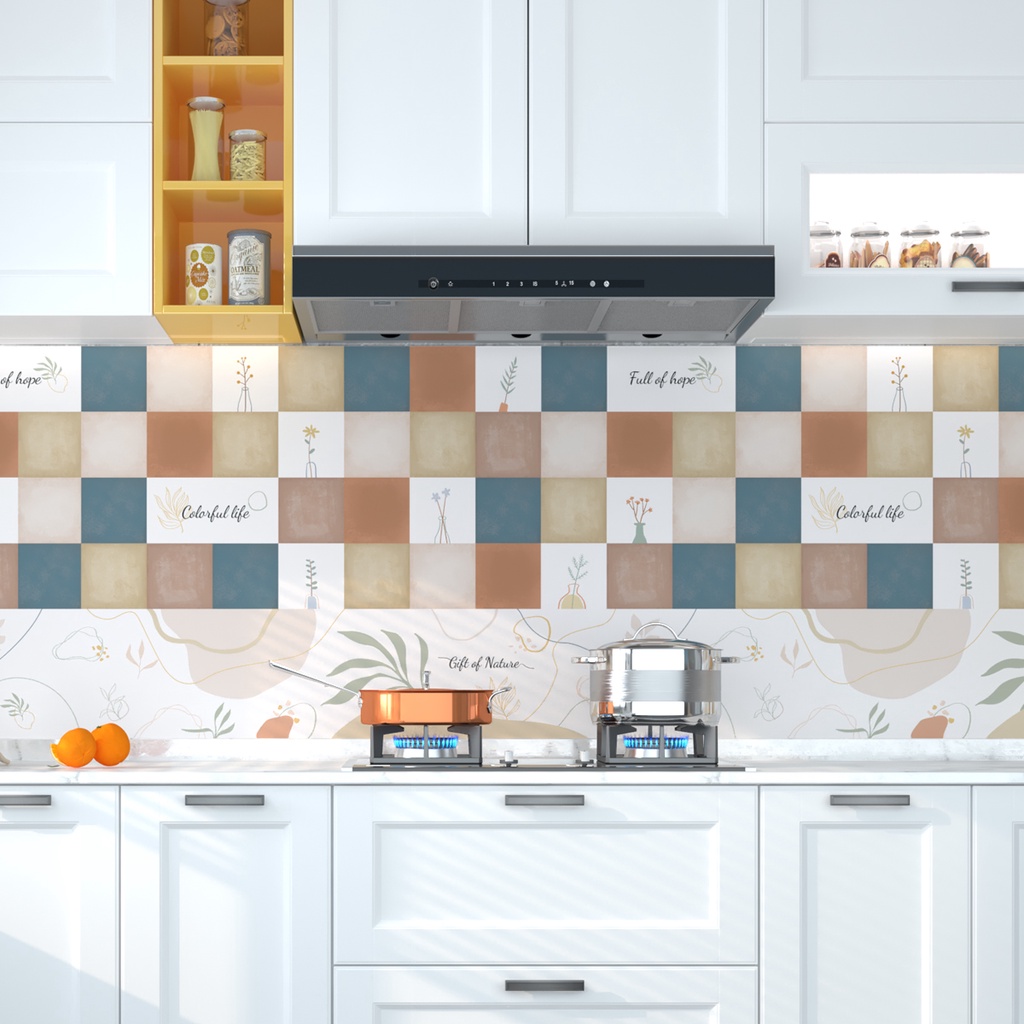 Jual wallpaper dapur anti minyak dan panas motif abstrak kotak warna