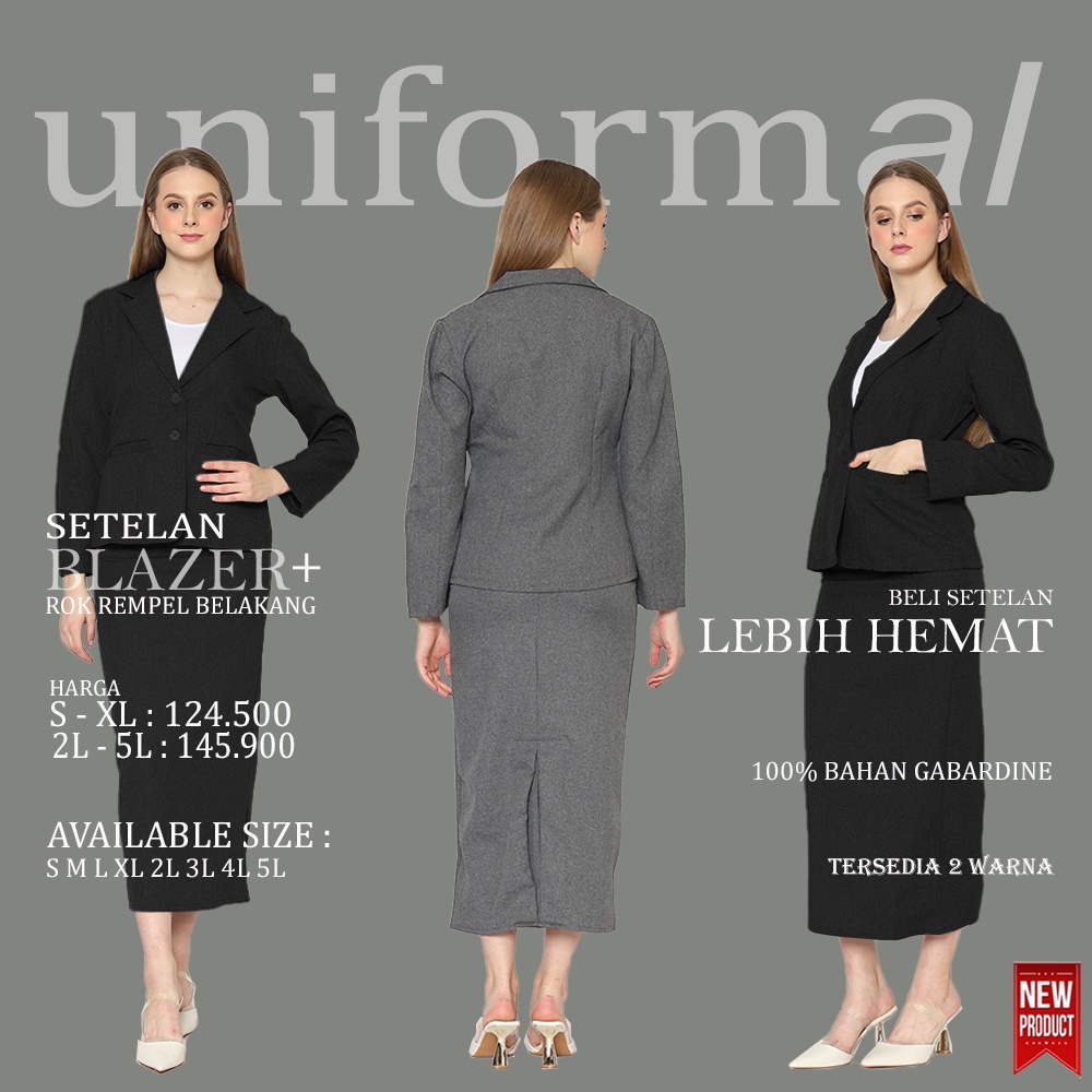 Setelan BLazer Dan Rok Biron Rempel Wanita Panjang Hitam Dan Abu JUMBO BIG SIZE S - 5L, Blezer Cewek Perempuan Kantor Formal Kerja Wisuda Korea