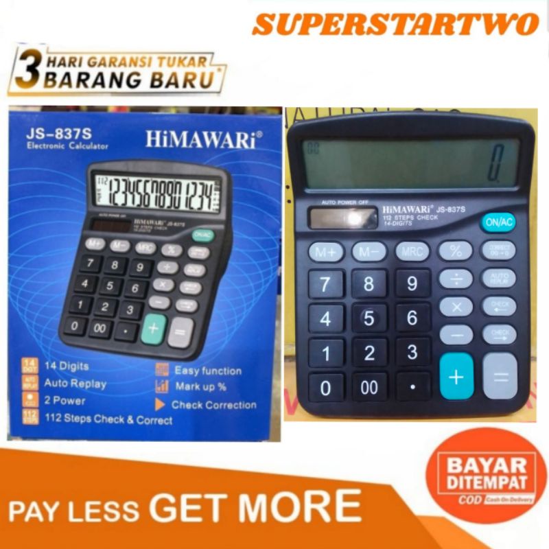 HIMAWARI Kalkulator JS-837S Alat Mesin Hitung 14 Digit Calculator Keypad Empuk Cocok Untuk Dagang Dan Kantor Calkulator Auto Replay &amp; Chek Corect Power Solar cell tenaga Surya dan Baterai AA Awet Dan Berkualitas Harga Termurah JS 837S