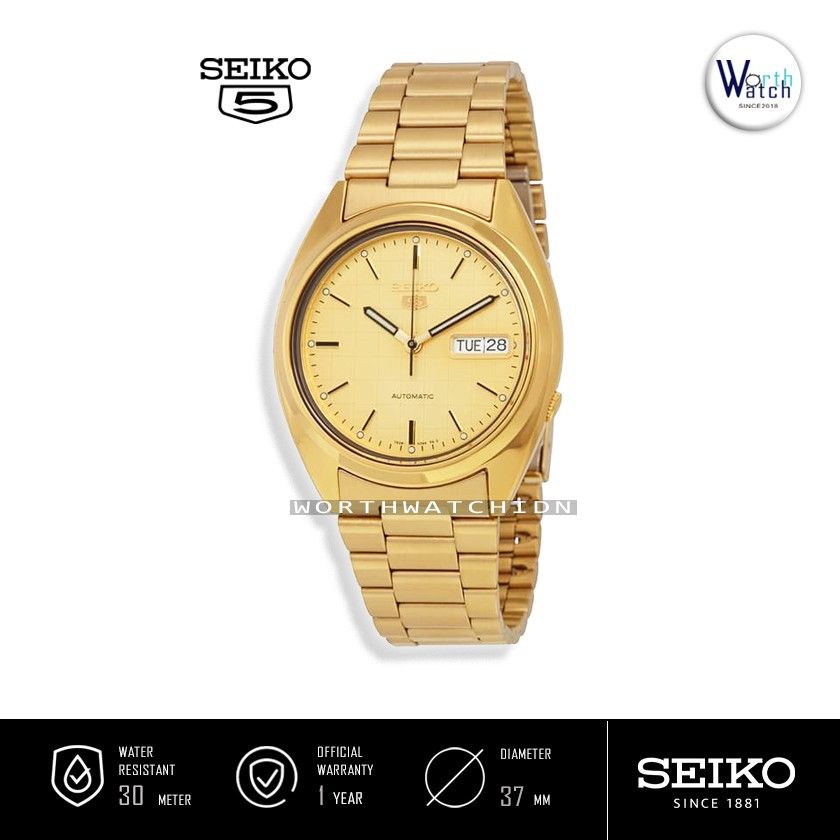 Jam Tangan Pria Otomatis Seiko 5 Men Automatic Gold Dial Gold Stainless Steel Original SNXL-72-K1