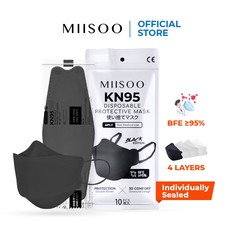 MIISOO Disposable EVO Hitam N95 KN95 BFE 95% Masker Kesehatan wajah 4ply Facemask  KF94 IZIN BNPB