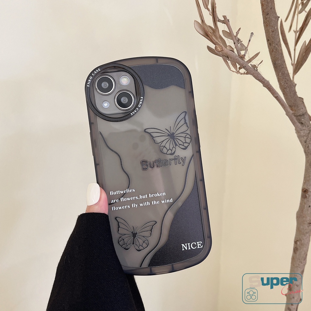 IPHONE Casing Case Hitam Mewah Kompatibel Untuk Iphone7 8 6 6s Plus 14 11 13 12 Pro Max X XS Max Se2020 13Pro Max Shockproof Retro Kupu-Kupu Lembut Lensa Bulat Airbag TPU Case