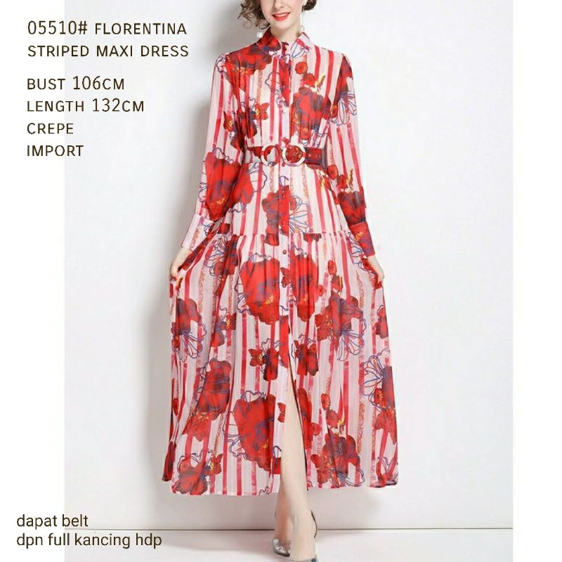 MDLV ~ 05510# Florentina Striped Maxi Dress Red Flower Dress Fashion Import