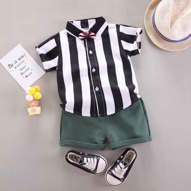 LID7001 - Baju + Celana Pendek Cotton Set 2in1 Setelan Bayi Lengan Pendek Garis