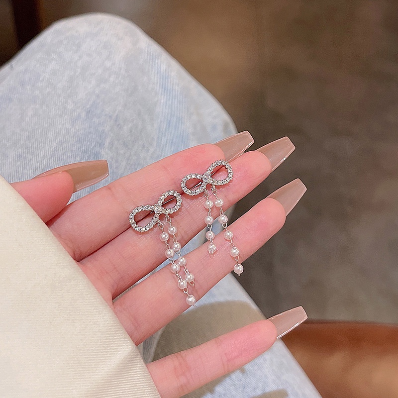 Anting Tusuk Gantung Panjang silver 925 Desain Pita Hias Mutiara + Berlian Untuk Wanita