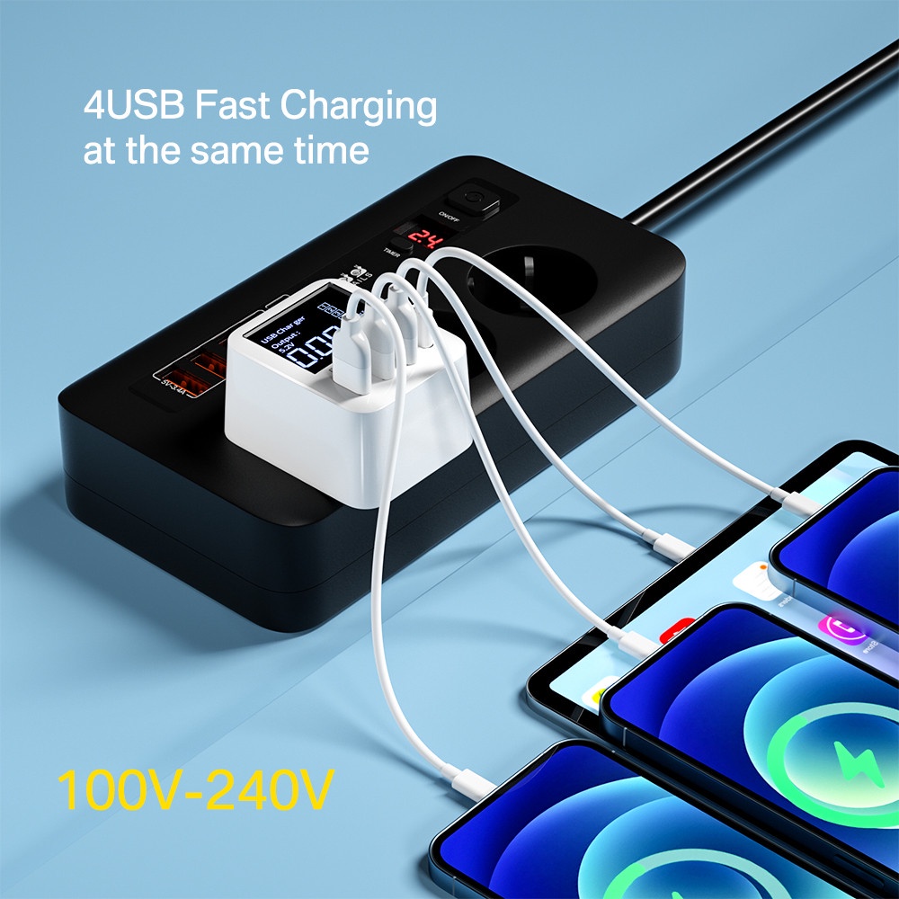 Qc3.0 Charger 4 Port USB Tipe-C Fast Charging 40W Display LCD Untuk Iphone 14 13 Android