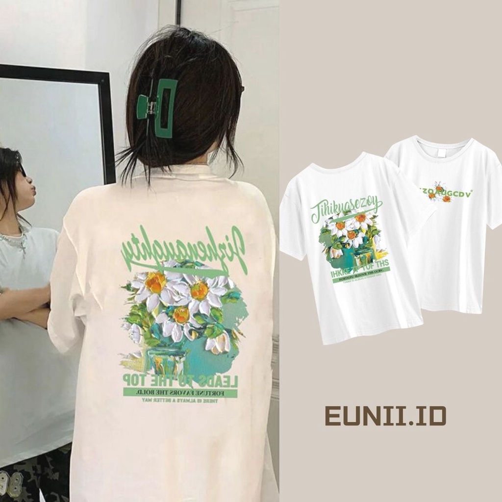 EUNII T-shirt Lengan Pendek Bunga Aster Pencetakan Longgar Korean Style/Kaos Atasan Wanita/Baju Kaus Oversize Wanita