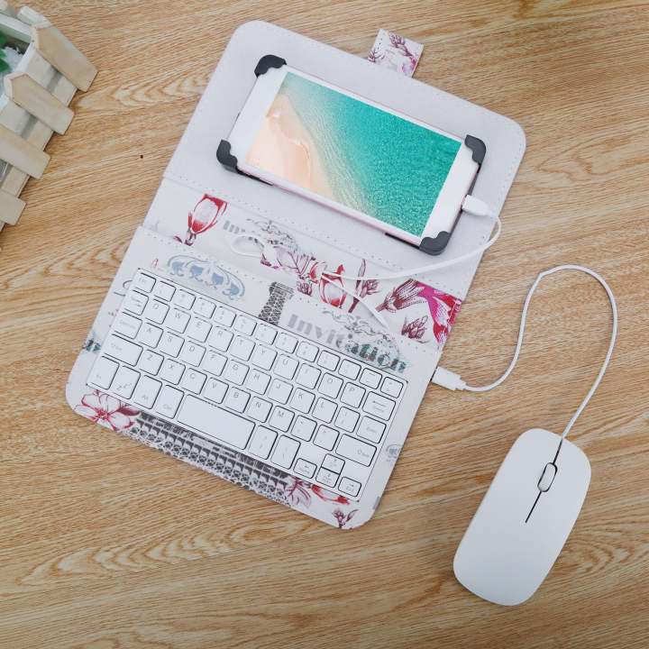 Type-C/Micro-Usb Telepon Kabel Keyboard Mouse Set Dengan Penutup Kulit PU Untuk Ponsel Android Keyboard Dan Mouse Dengan Fungsi OTG Untuk Pembelajaran Kelas Online Rumah Kantor