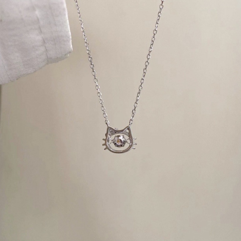 Roselife Kalung Rantai Silver Liontin Hati / Kucing Hias Kristal Pink Gaya Korea Untuk Wanita