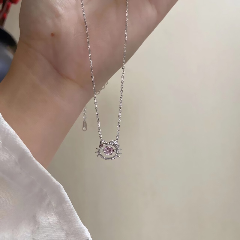 Roselife Kalung Rantai Silver Liontin Hati / Kucing Hias Kristal Pink Gaya Korea Untuk Wanita