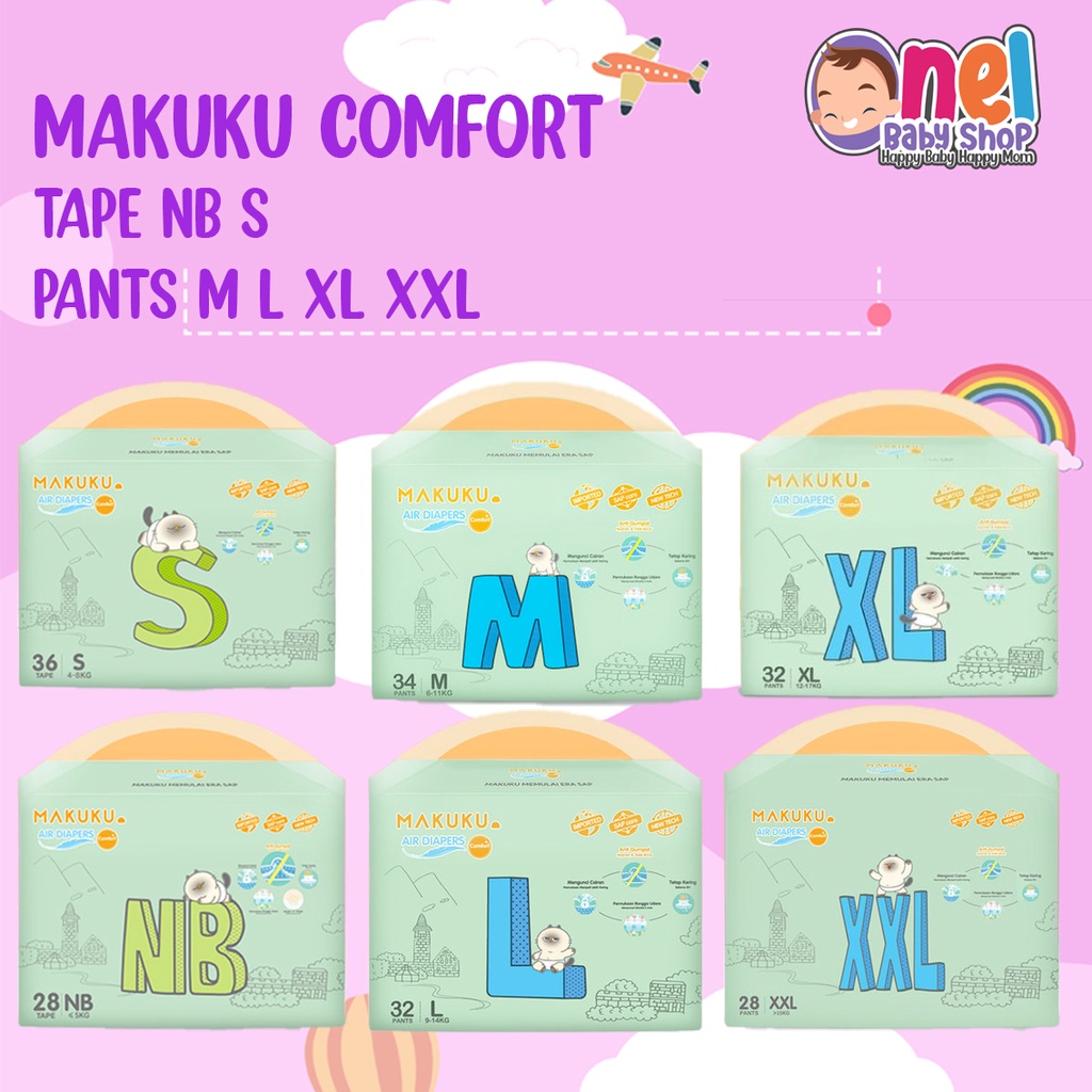 MAKUKU Air Diapers Comfort+ Pants NB28/S36/M34/L32/XL32/XXL28 | Comfort Fit NB32/S30/M28/L26/XL24/XXL22