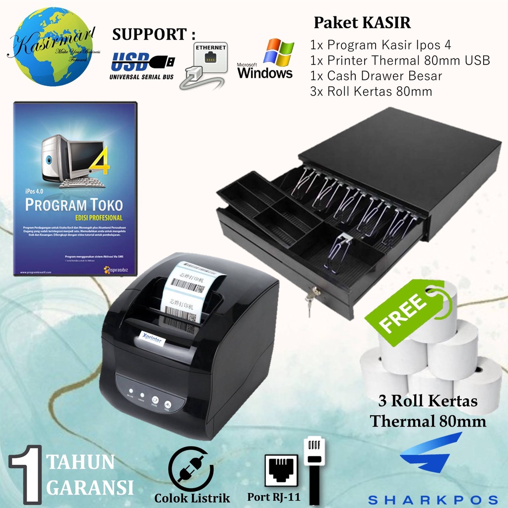 PAKET KASIR TOKO MINIMARKET - PRINTER LABEL STRUK THERMAL 80MM IPOS 4 CASH DRAWER 6 SLOT SUPPORT RJ11