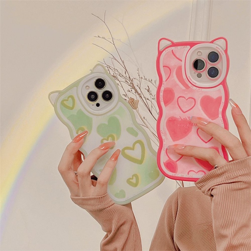 Soft Case Bahan Kulit Anti Jatuh Untuk Compatible for iPhone 14 13 12 11 Pro Max iPhone X Xr Xs Max SE 2020 iPhone 8 7 6 6s Plus Fashion Love Heart Transparent Phone Case Square Straight Cube Shockproof Cat Ear Phone Case Anti-fall Soft TPU Back Cover