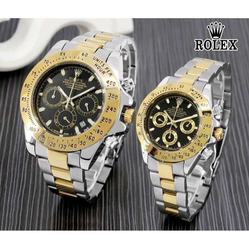 Jam Tangan Couple ROLEX Dayt Tanggal Aktif Rantai Stainless Free Box Ori & Batrai ( BISA COD )